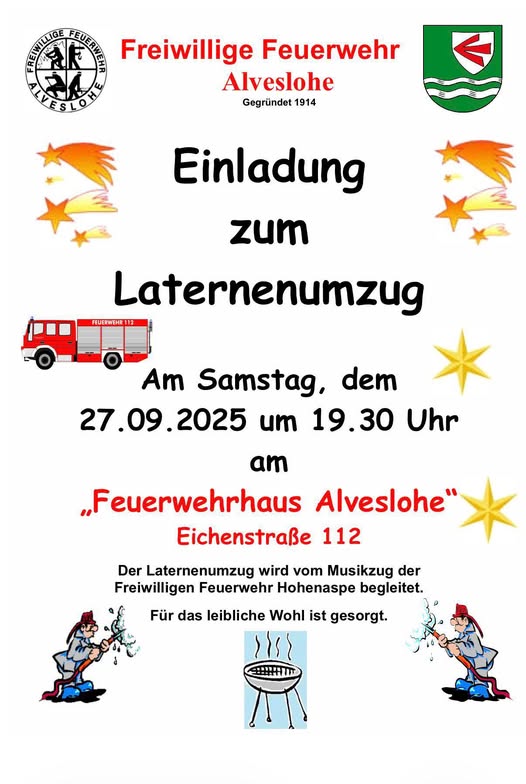 Laternenumzug der Freiwilligen Feuerwehr Alveslohe am 27.09.25 um 19.30 an der Feuerwehr Alveslohe Eichenstraße 112