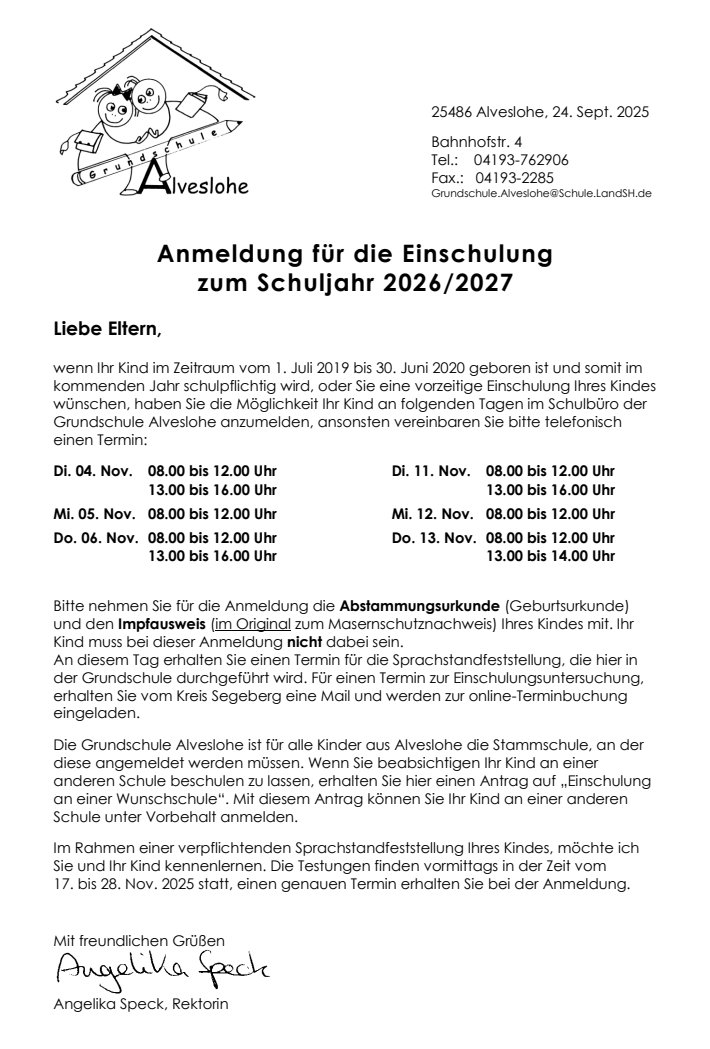 Anmeldung für die Einschulung 2026/2027