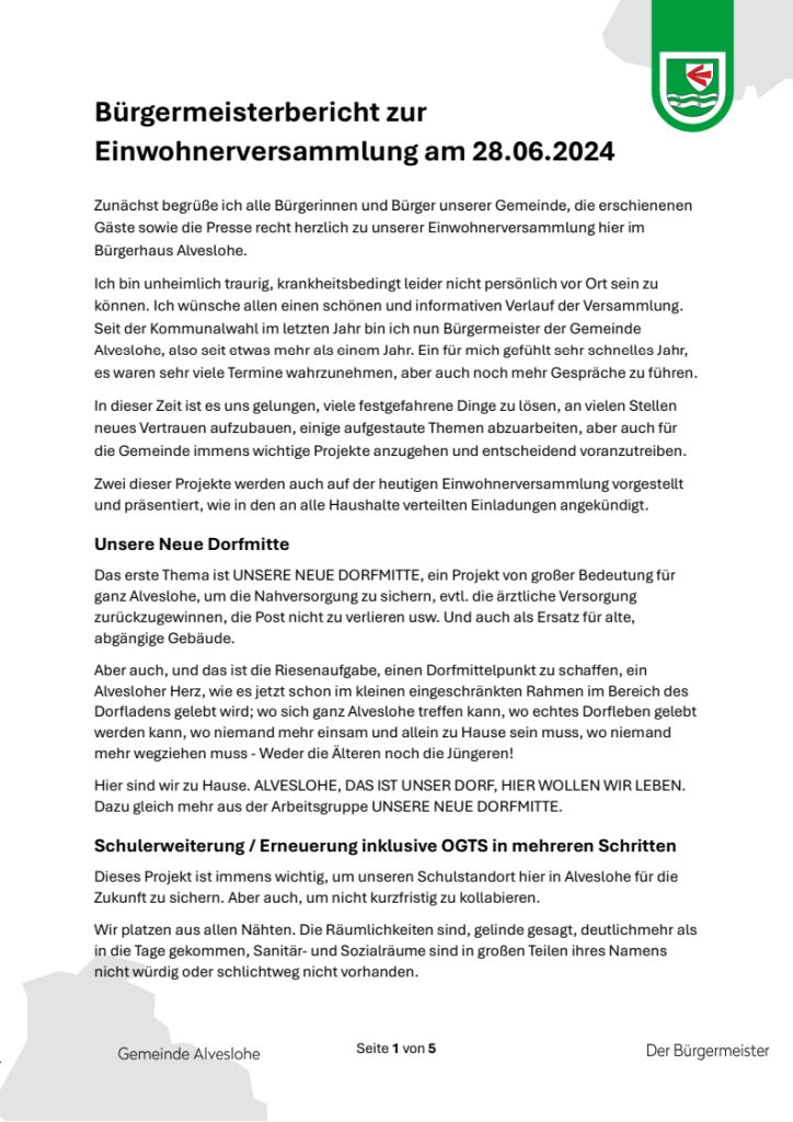 Ansprache des Bürgermeisters zur Einwohnerversammlung 2024 Bericht des Bürgermeisters zum Download
