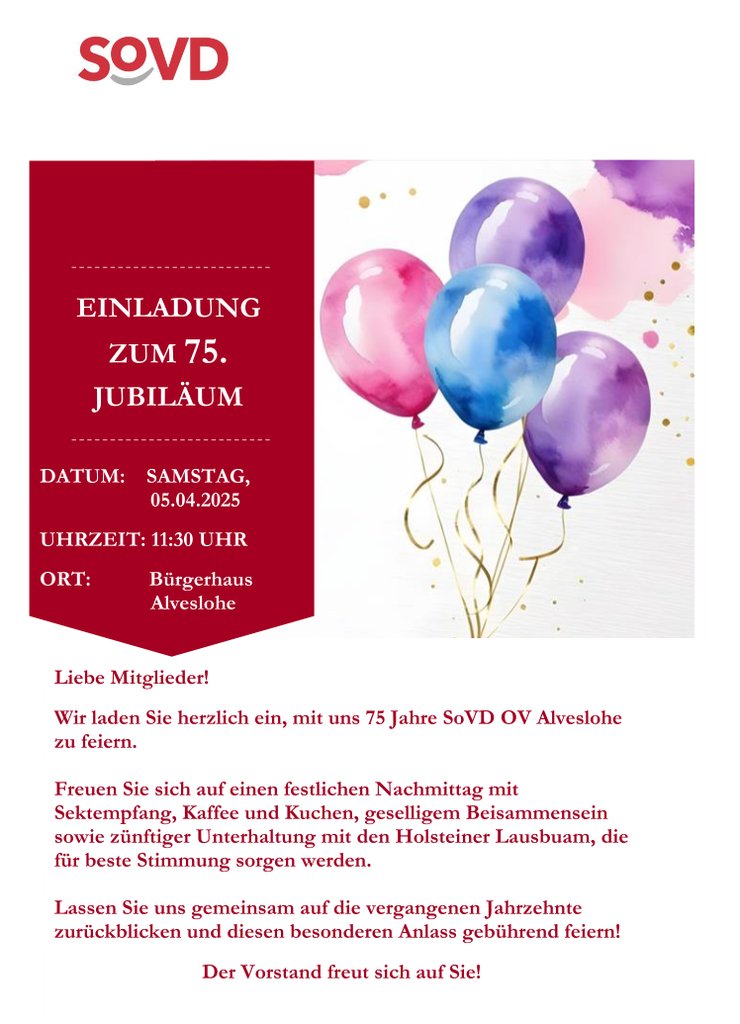 75. Jahreshauptversammlung des SoVD Ortsverbandes Alveslohe mit anschließender Jubiläumsfeier