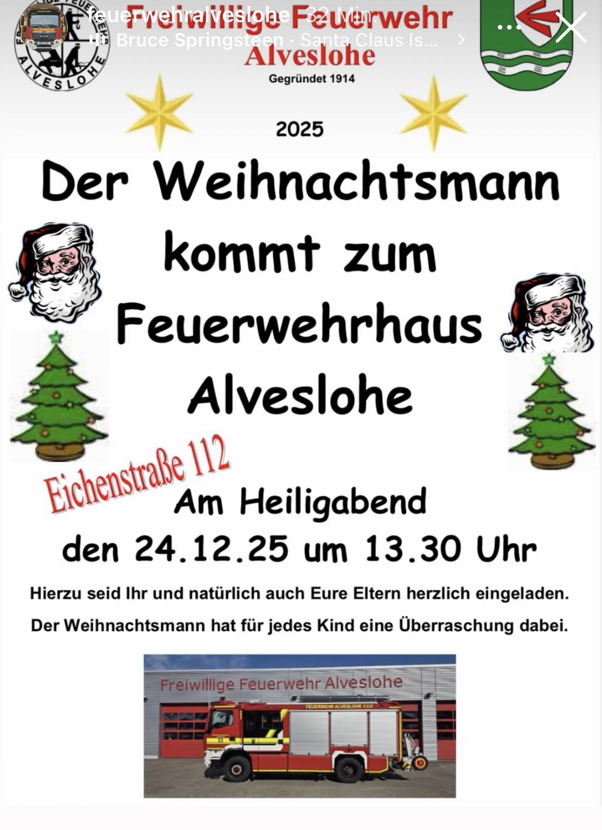 Der Weihnchtsmann kommt am 24.12.2026 um 13.30 zum Feuerwehrhaus