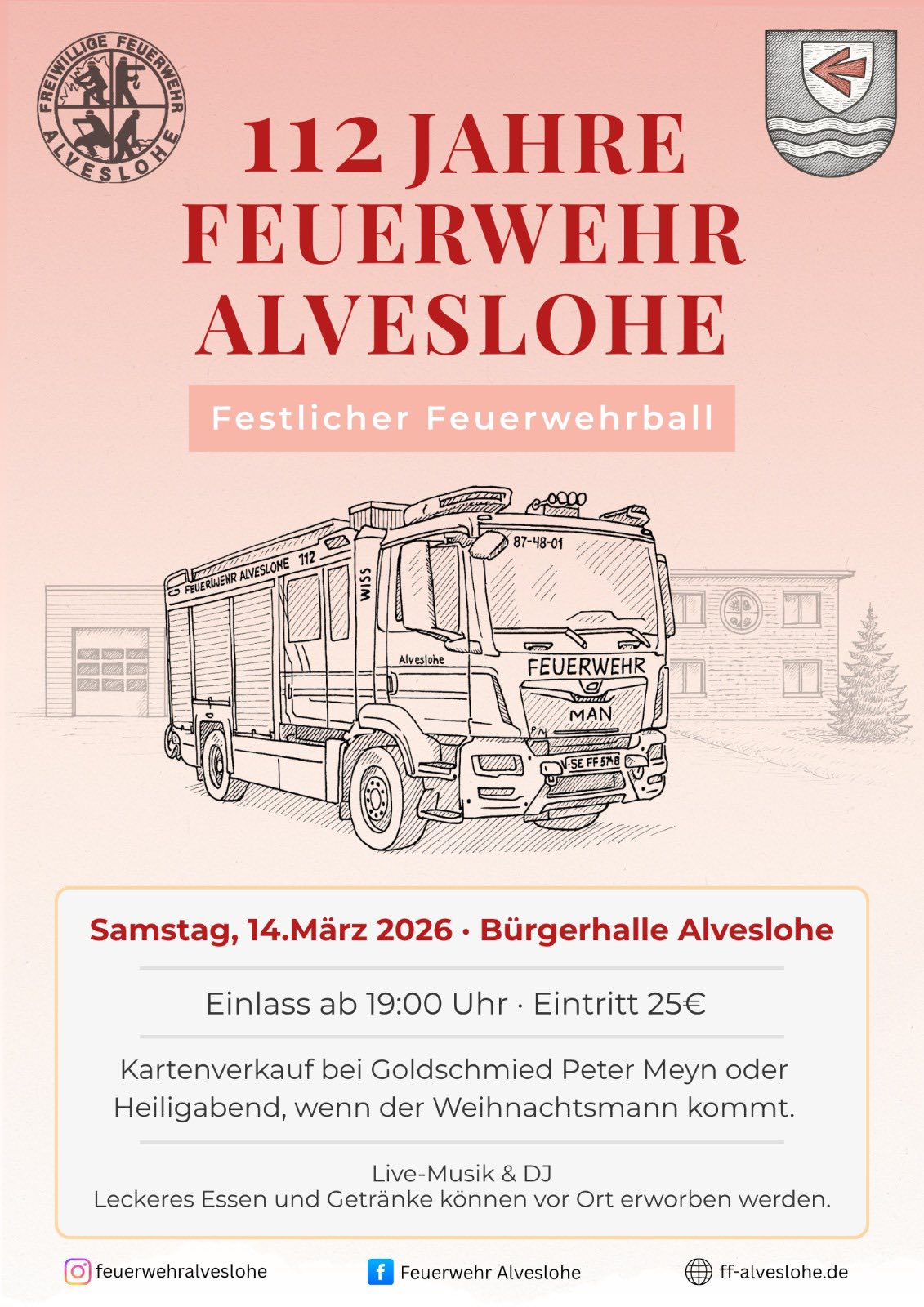 Einladung zum Feuerwehrball 2026, Karten gibt es am 24.12. beim Feuerwehrhaus oder ab sofort bei der Goldschmiede Meyn in der Bahnhofstraße für 25 €