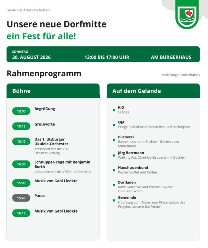 Rahmenprogramm zum Dorffest neue Dorfmitte